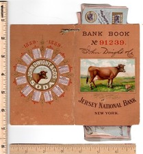 1889 DWIGHT'S COW BRAND SODA Die-cut BANK BOOK JERSEY NATL BANK Cal. Trade Card