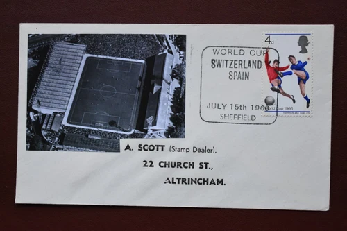 1966 England World Cup Football Switzerland v Spain Soccer match stamp cover FDC