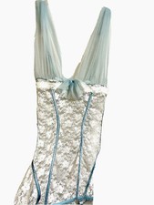 Shirley of Hollywood Sheer Lace Teddy Lingerie Lite Blue Size L Adjustable Back