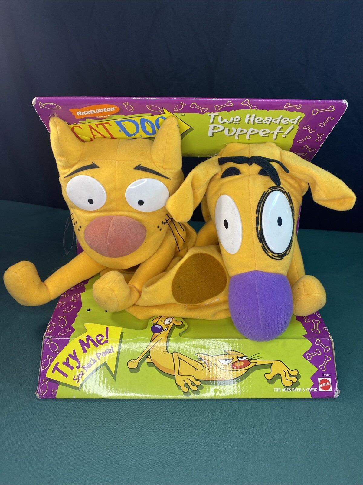 Vintage 1998 Mattel Nickelodeon CATDOG Two Headed Puppet Plush Half Cat Half Dog