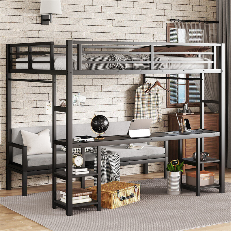 Functional Metal LED Bunk Bed/Loft Bed with Desk & Bookshelf,Queen