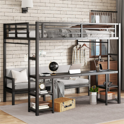 #ad Functional Metal LED Bunk Bed Loft Bed with Desk amp; BookshelfQueen over Twin XL $435.79
