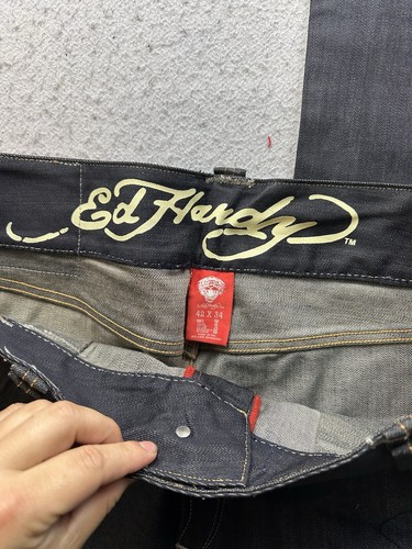 Vintage Men’s Ed Hardy Skull Wide Leg Embroidered Y2K Jeans 44x33 Brand New Blue - Picture 7 of 11