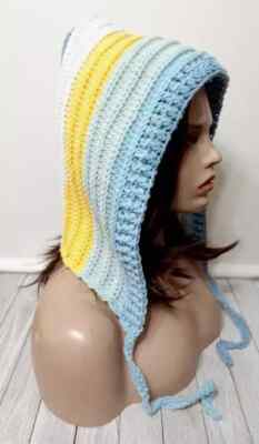 handmade crochet  womans pixie hat hood scoodie blue yellow new