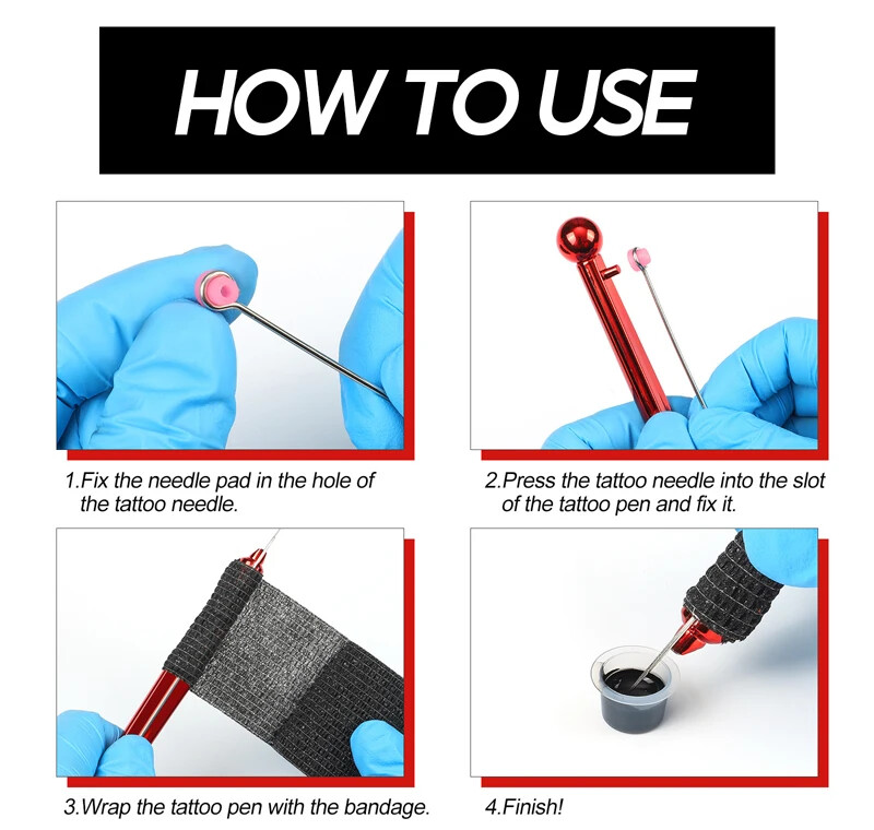 Hand Poke Pen Stick Tool Tattoo Needle Holder Pigment Glover Grommet Bandage Kit