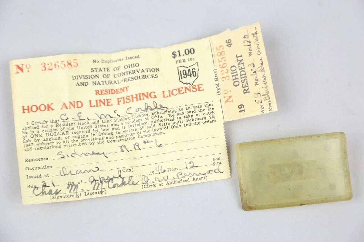 Ancien cadre métal pinback 1940 PERMIS DE PÊCHE ETAT DE L'OHIO années