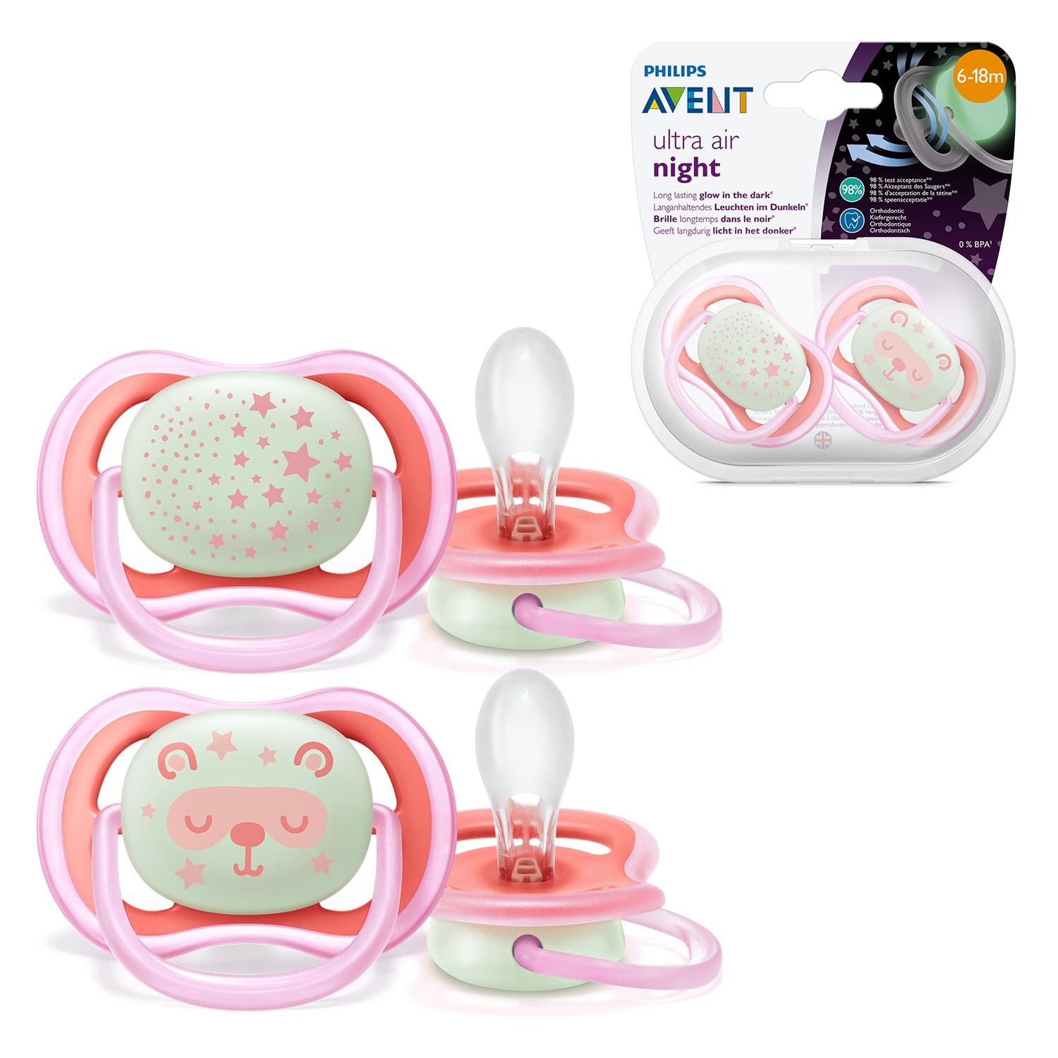 Philips Avent Soothers, 6-18m Ultra Air Night Soother 2 Count, Star and Teddy