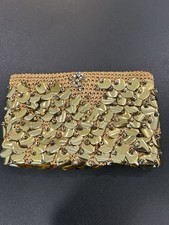 Vintage Gold Metallic Mesh Evening Bag With Pattern And Chain Strap