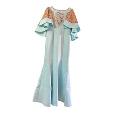 Elegant Light Blue Formal Dress Gold Embroidery Ruffle Sleeves Maxi Evening Gown