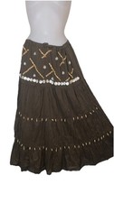 Vtg 90s Y2K Womens Brown Embellished Cotton Gypsy Boho Tiered Maxi Skirt Sz M