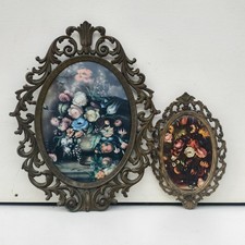 2 Quadretti  miniatura Stampe Fiori ovale cornice  ottone
