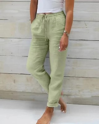 Womens Cotton Linen Pants High Waist Elastic Waist Casual Loose Trousers