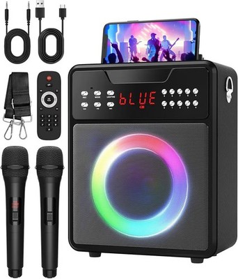 Portable Bluetooth Karaoke Speaker System W/2 Wireless Microphones Hi-Fi Stereo
