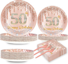 200 PCS Happy 50Th Birthday Party Plates Napkins Pink Rose Gold Tableware Set fo