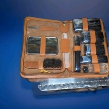 Hundson 1942 Fine LEATHER toiletry kit w/STERLING SILVER toiletry xcess unused 