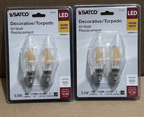 Satco S21827 LED Torpedo Filament 120V 5.5w=60W B11 Candelabra E12 ( 2-2 Packs ) - Picture 2 of 4
