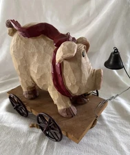 Primitive-style Pull-Toy PIG ON WHEELS w/Bell Shelf Decor 10x10” Centerpiece