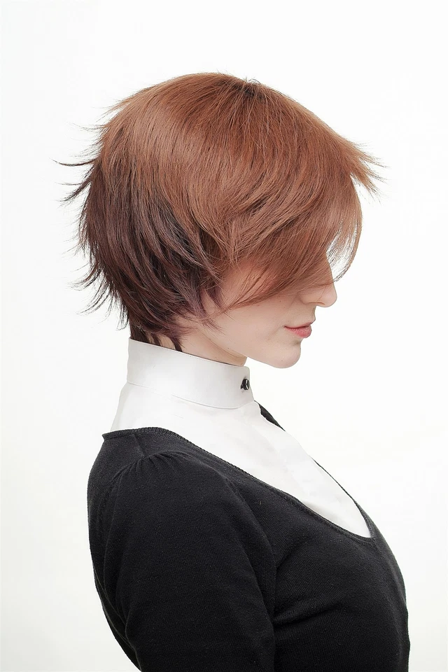 Peluca para mujer cosplay unisex corta salvaje ornamentada marrón rojo marrón mezcla SA075 Foto 2 de 4