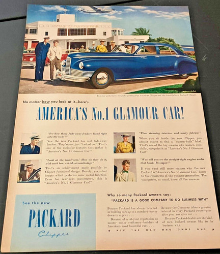 Blue 1946 Packard Clipper & Pan-Am Clipper - Vintage Original Print Ad Wall Art
