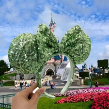 Green Sequin Bow Exclusive Rare Disney~Parks Minnie Ears Headband Edition