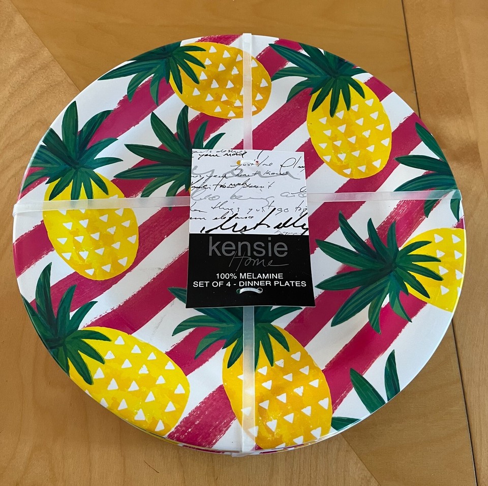 Kensie Home Melamine Dinner Plates Pink White Stripes Pineapple Set of
