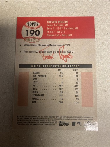 2022 Topps Chrome Platinum Trevor Rogers Aqua Lava Refractor 296/299 - Picture 2 of 2