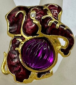 Authentic ESTATE GOLD PLATED FUCHSIA PINK LUSITE JELLY BELLY ENAMEL LUCKY ELEPHANT BROOCH