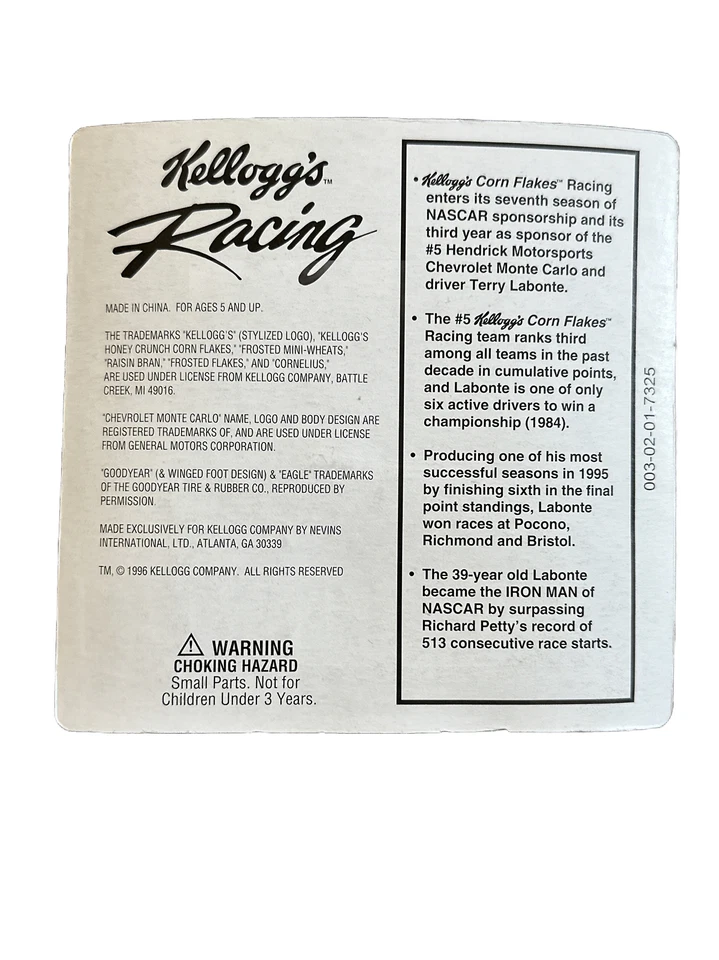 Kellogg’s Honey Crunch Corn Flakes #5 Terry Labonte Chevy Monte Carlo NASCAR New - Image 2 of 4
