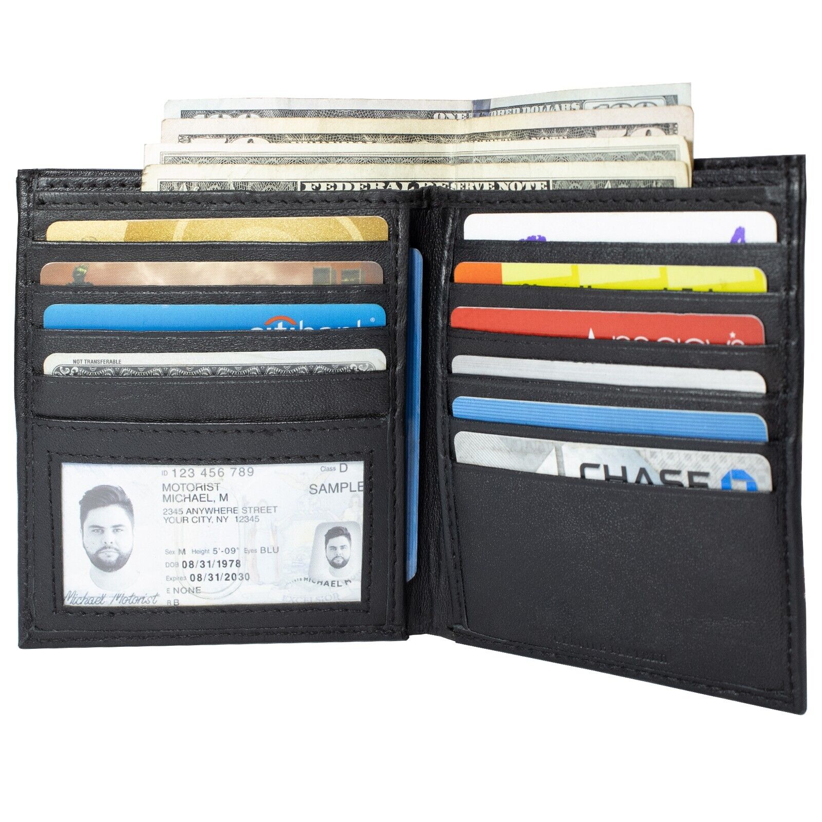 Men Lambskin Leather Bifold Long ID Card Holder Black Wallet