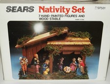 Vintage Christmas Nativity Set Sears 7 Handpainted Figures Wood Stable Italy Box