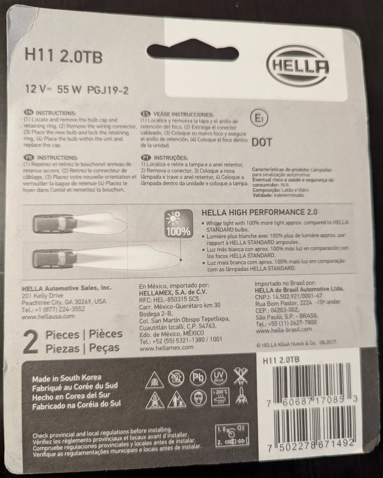 Высокопроизводительная галогенная лампа для фары Hella H11 2,0 ТБ 12 В 55 Вт (2 шт.) PGJ19-2 - Изображение 2 из 2