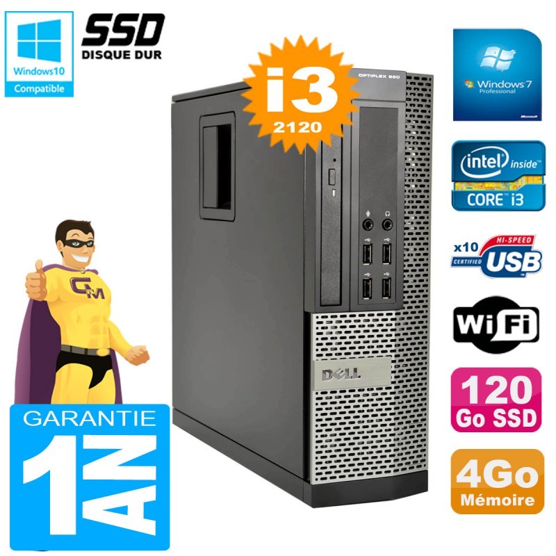 PC DELL 990 SFF Core I3-2120 Ram 4Go Disque 120Go SSD Graveur DVD Wifi W7