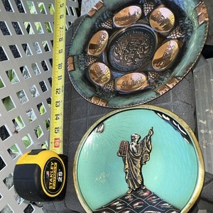 Jewish Judaica Brass, Copper, Enamel Plates Decorative Round 7.5” 9.5” Lot of 2