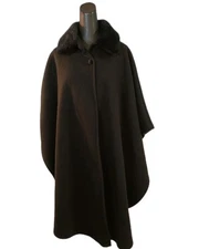  Preston & York Rare Vtg 80's Black Cloak Cape Faux Fur Collar Sz OS Old Money 