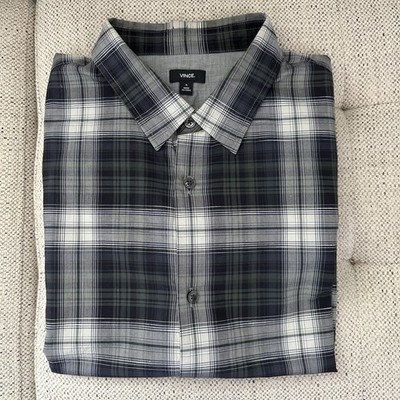 Vince Plaid Button Up Shirt Mens Linen Blend Long Sleeve Grey Black XL
