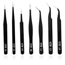 Hengtianmei 7Pcs Precision Micro Tweezers Set, Anti-Static Stainless Steel, 3 Sh