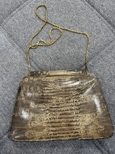 Vintage Genuine Lizard Leather Handbag Grey Tan Gold Chain Exotic Skin Purse