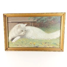 Vintage Cat Painting, Oil on Canvas, Cute White Persian Cat, Naive Art c.1930s