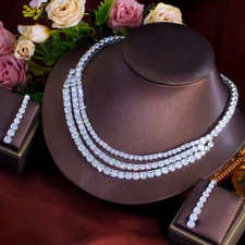 Long Multilayer Round Wedding Necklace Earrings Set CZ Silver Plated Jewellery