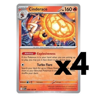 Cinderace 028/132   ME01 Mega Evolution   Holo Rare   Playset 4x   Near Mint