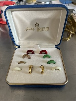 Crown Trifari Interchangeable Hoop Clip on Earrings Original Box Vintage Jewelry