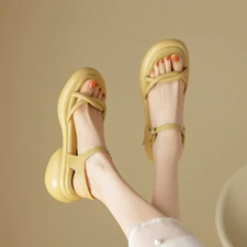 Women's Fashion Leather Open Sole Platform Soft Toe Ankle Strap Sandal Shoes 