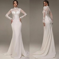 Vintage Mermaid Wedding Dresses High Neck Long Sleeves Lace Applique Bridal Gown