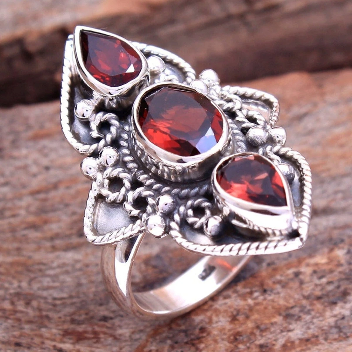 Garnet ring silver band deals