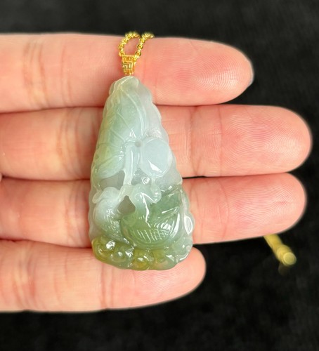 Yellow Plus Green Mandarin Ducks 鸳鸯 Jadeite Jade Pendant 18K Gold Buckle - Picture 4 of 10