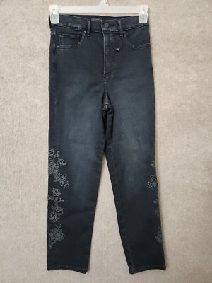 Express Mom Ankle Jeans Womens Black Floral Embroidered Super High Rise  NEW