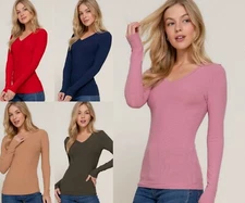 Women's V Neck Long Sleeve Rayon Rib Knit Top Soft Stretch Classic Fitted Shirt
