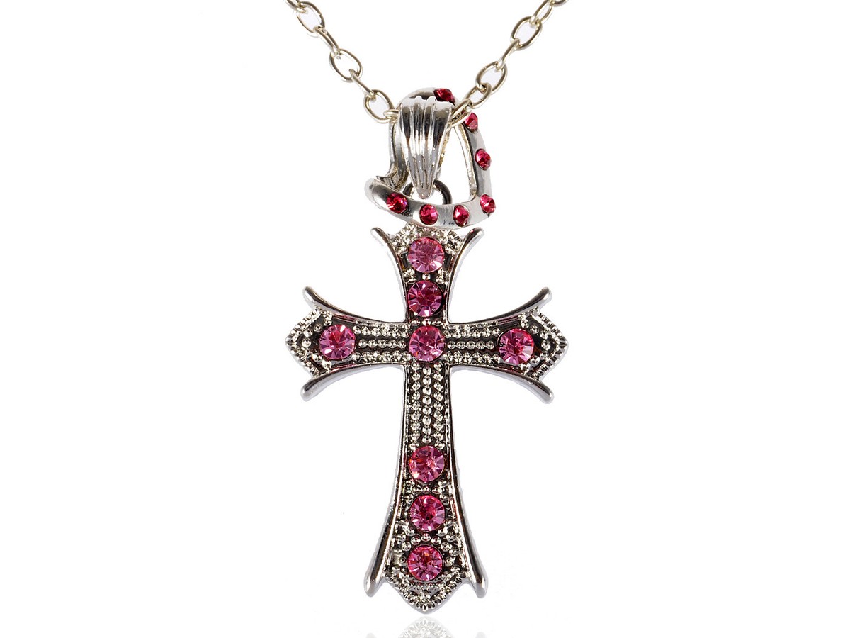 Rose Pink Crystal Rhinestone Holy Cross Pendant Heart Shape