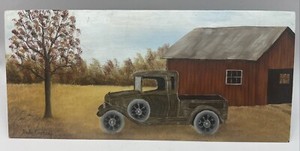 Vintage Hale Cooper Oil Painting Hand Trowel Pickup Truck Barn Fall Colors Farm