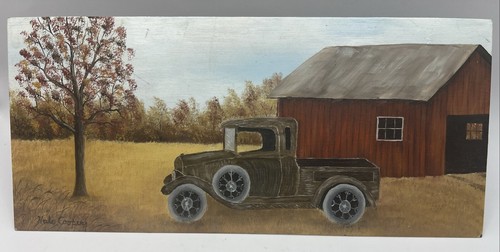 Vintage Hale Cooper Oil Painting Hand Trowel Pickup Truck Barn Fall Colors Farm